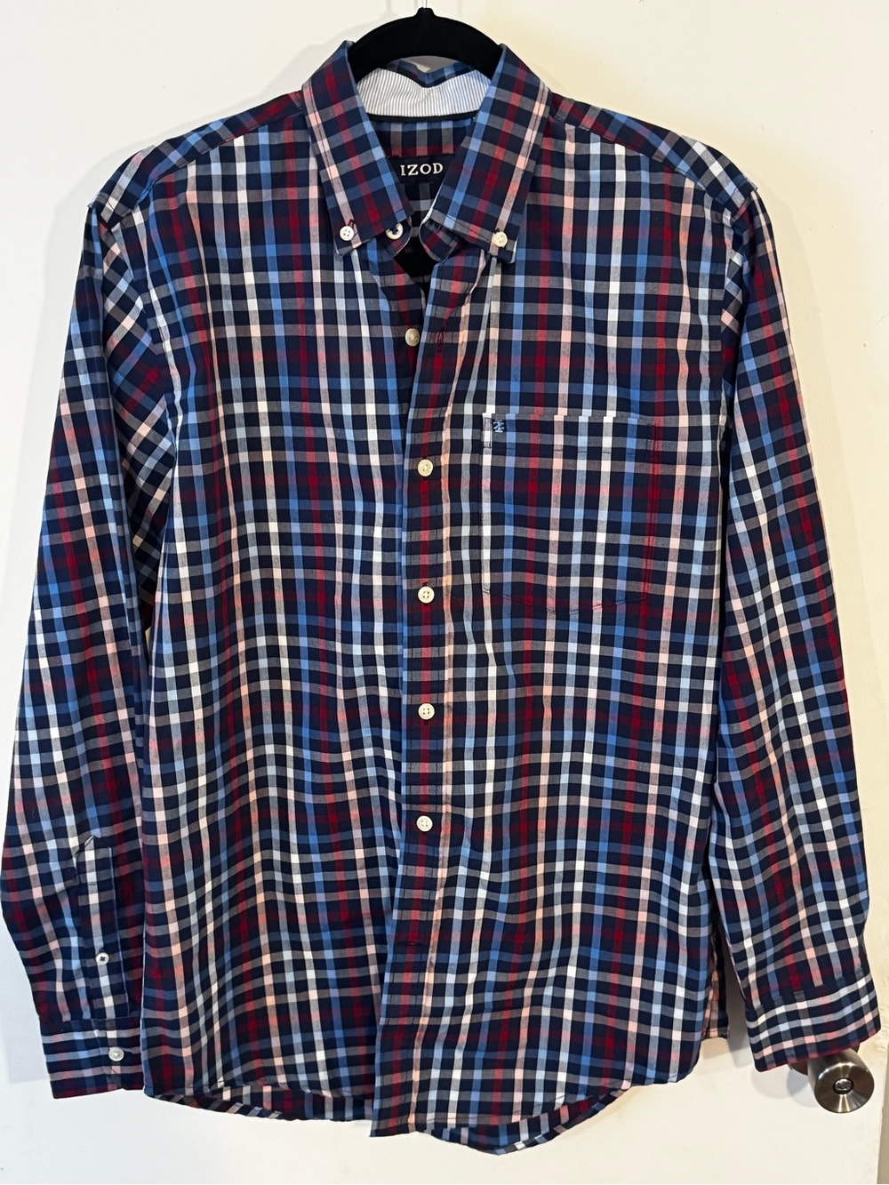 Izod Men’s Navy, Red & White Plaid Button-Down Shirt - Small - EUC